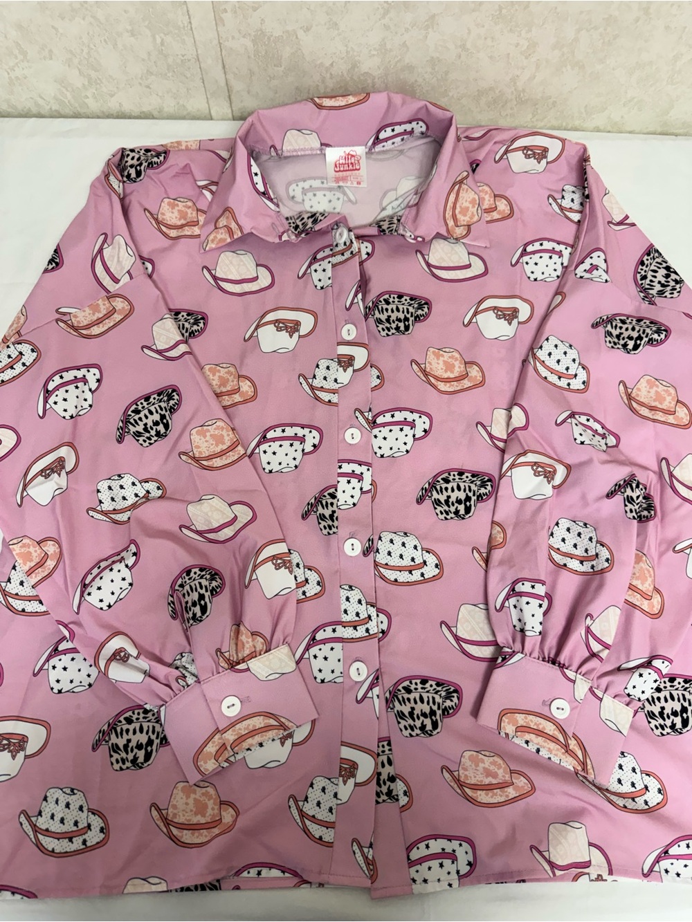 Women’s Pink Printed Button-Down Shirt with Hat Motif